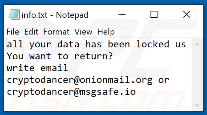 Screenshot del file di testo del ransomware Dance (
