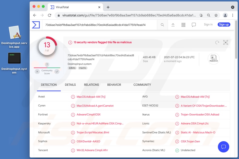 Adware DesktopInput rilevato su VirusTotal