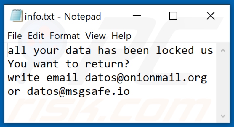 Screenshot del file di testo del ransomware DT (