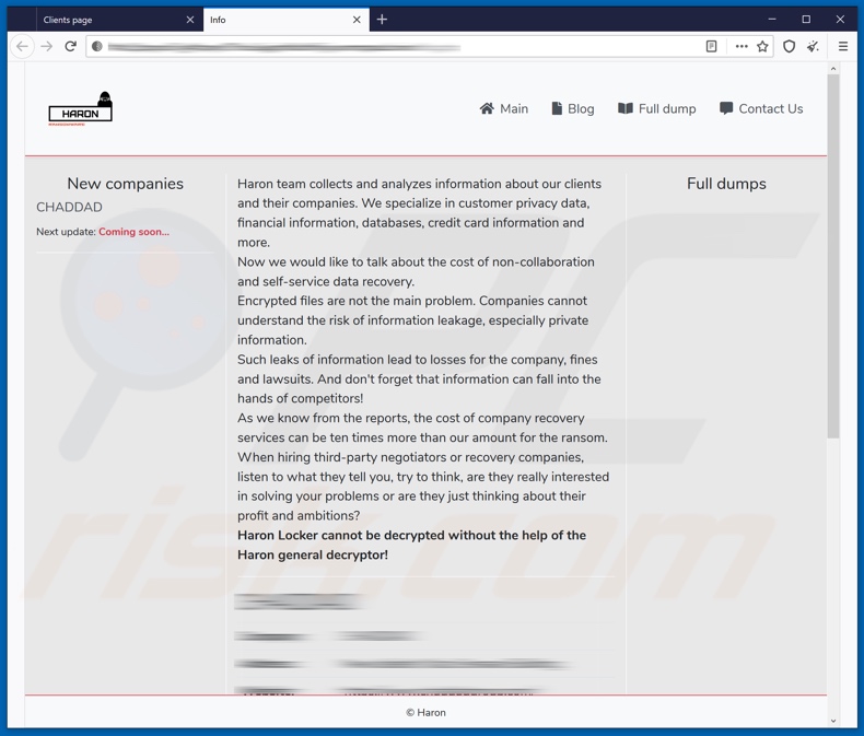 Schermata del blog sulla perdita di dati del ransomware Haron