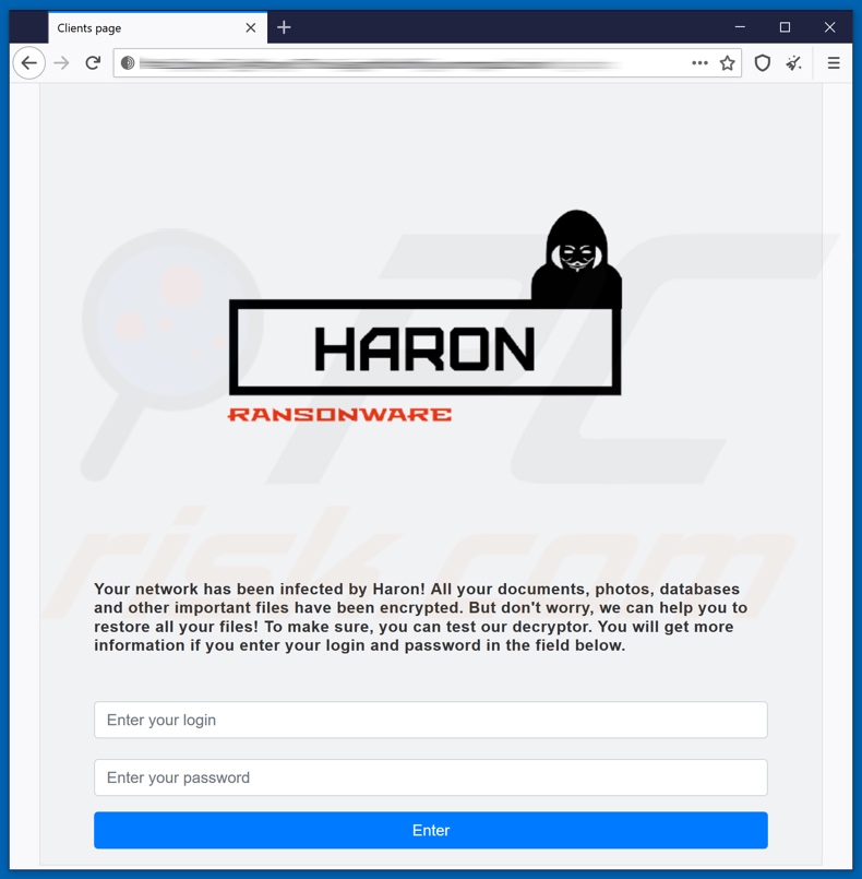 Schermata della pagina di accesso del sito Web del ransomware Haron