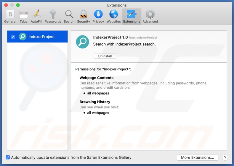 Adware IndexerProject installato sul browser Safari