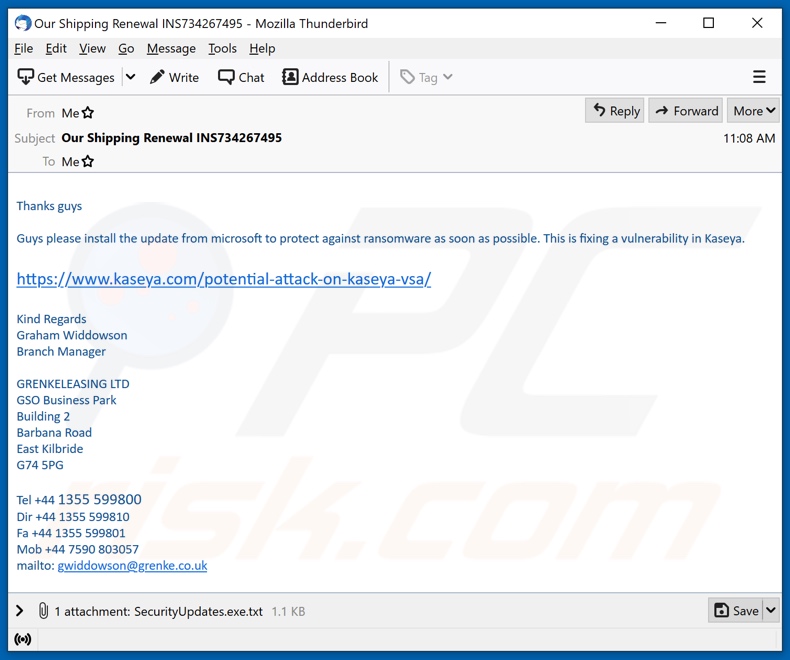 Campagna di spam e-mail di diffusione di malware Kaseya