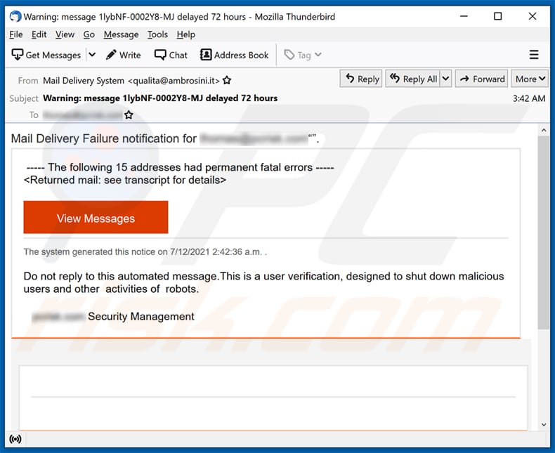 Mail Delivery Failure scamcampagna di spam tramite posta elettronica