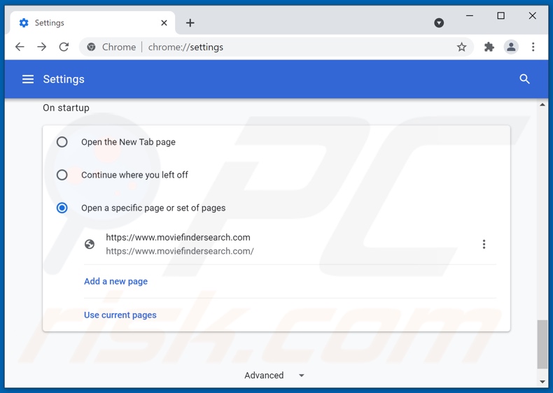 Rimozione di moviefindersearch.com dalla home page di Google Chrome