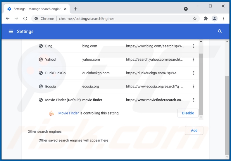 Rimozione di moviefindersearch.com dal motore di ricerca predefinito di Google Chrome