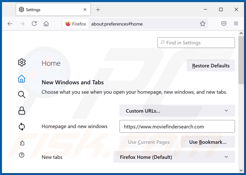 Rimozione di moviefindersearch.com dalla home page di Mozilla Firefox