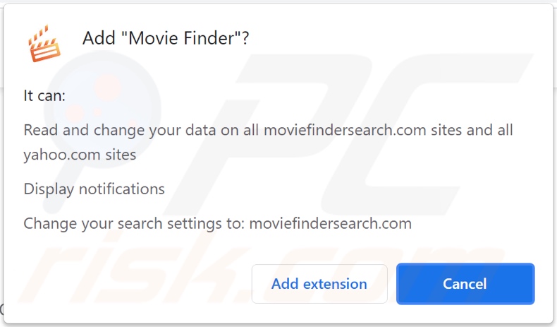 Dirottatore del browser Movie Finder mentre richiede varie autorizzazioni