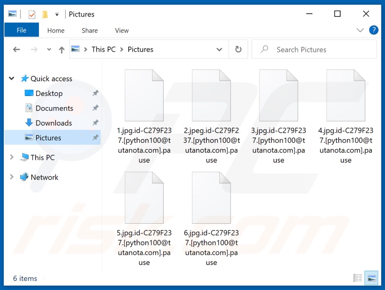 Screenshot dei file crittografati dal ransomware Pause (estensione 