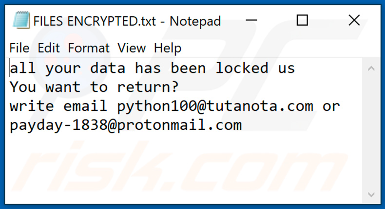 Screenshot del file di testo del ransomware Pause