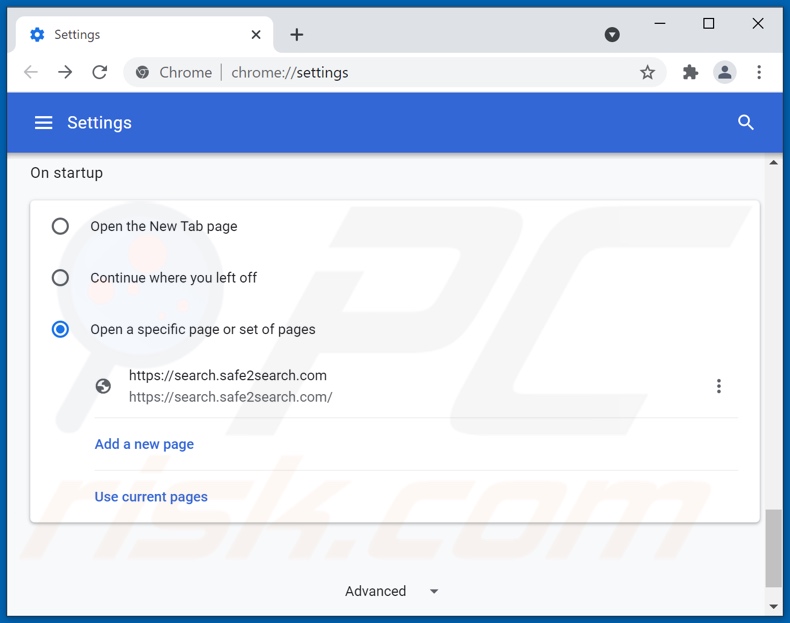 Rimozione di search.safe2search.com dalla home page di Google Chrome