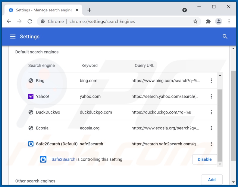Rimozione di search.safe2search.com dal motore di ricerca predefinito di Google Chrome