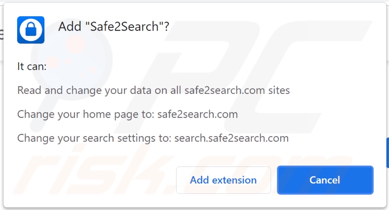 Dirottatore del browser Safe2Search che chiede i permessi