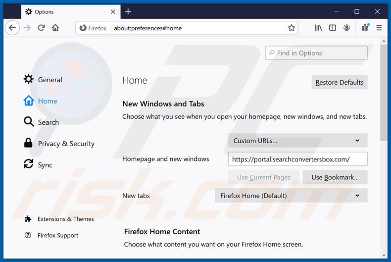 Rimozione di searchconvertersbox.com dalla home page di Mozilla Firefox