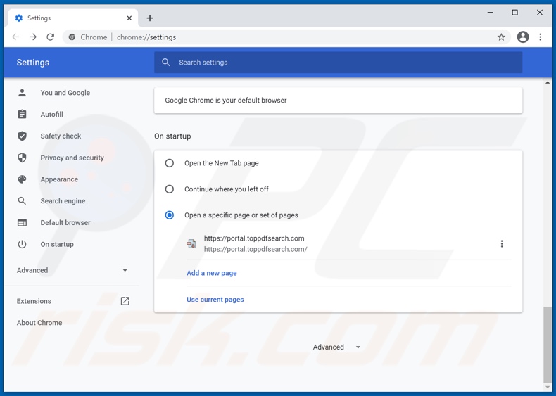 Rimozione di toppdfsearch.com dalla home page di Google Chrome