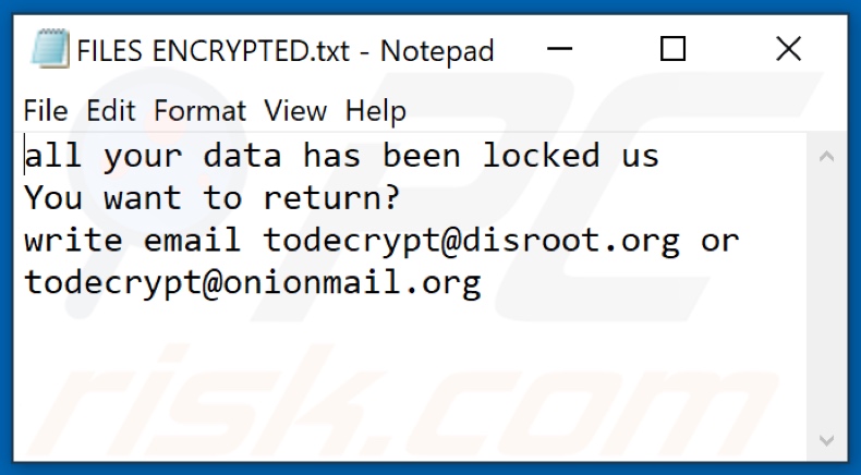 Screenshot del file di testo di TOR (FILES ENCRYPTED.txt)