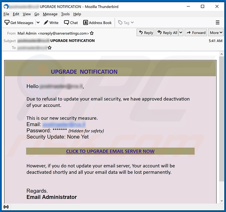 Ancora un altro esempio di spam a tema di aggiornamento della posta elettronica che promuove un sito di phishing