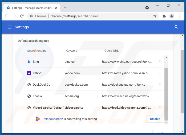 Rimozione di video-searchz.com dal motore di ricerca predefinito di Google Chrome