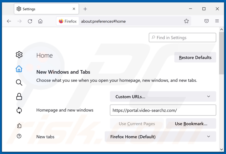 Rimozione di video-searchz.com dalla home page di Mozilla Firefox