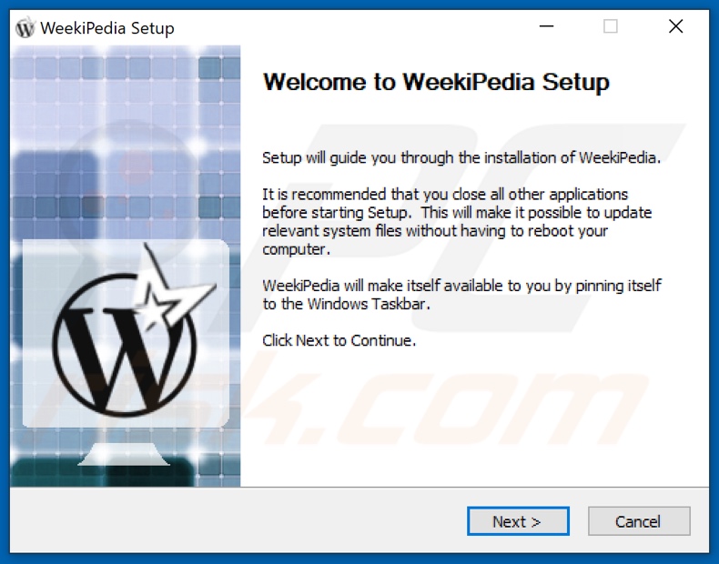 Configurazione dell'installazione dell'adware WeekiPedia: