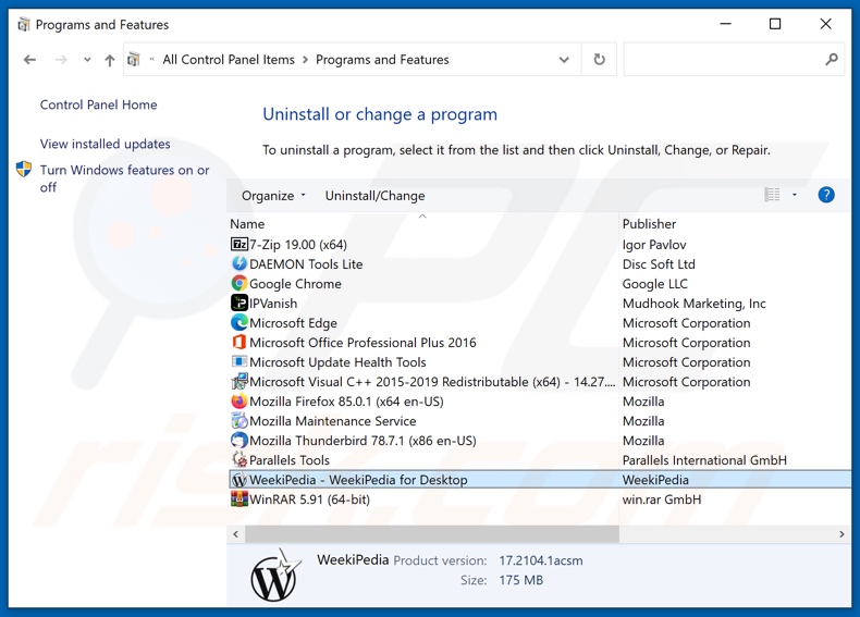 Disinstallazione dell'adware WikiPedia tramite il pannello di controllo