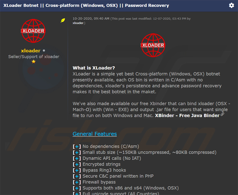 Criminali informatici che vendono XLoader nei forum degli hacker