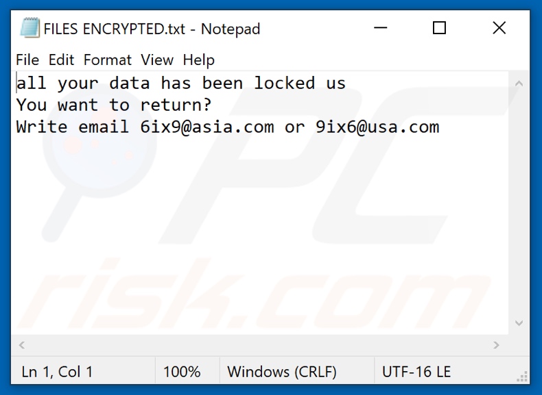 Screenshot del file di testo del ransomware 6ix9 (FILES ENCRYPTED.txt)