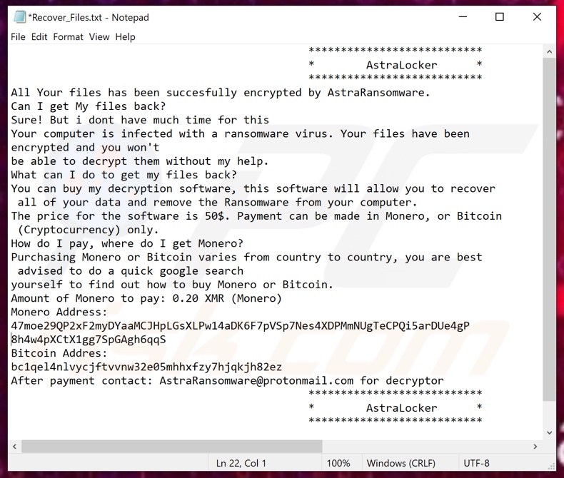 Screenshot di un messaggio che incoraggia gli utenti a pagare un riscatto per decrittografare i propri dati compromessi:(Recover_Files.txt)