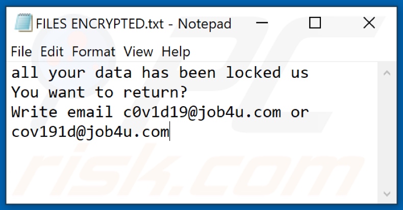 Screenshot del file di testo del ransomware C0v (FILES ENCRYPTED.txt)