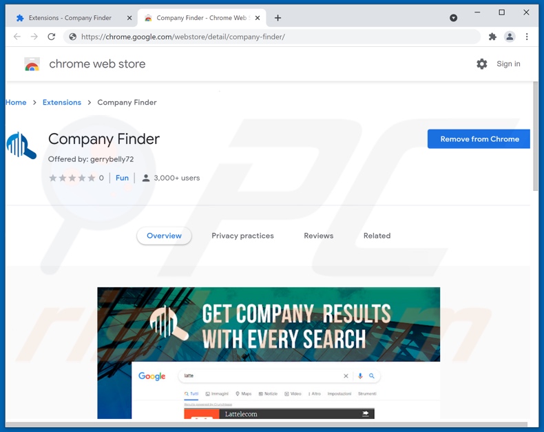 Adware Company Finder promosso sul Chrome Web Store