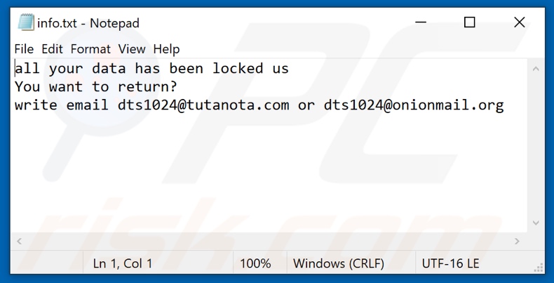 Screenshot del file di testo di Dts ransomware