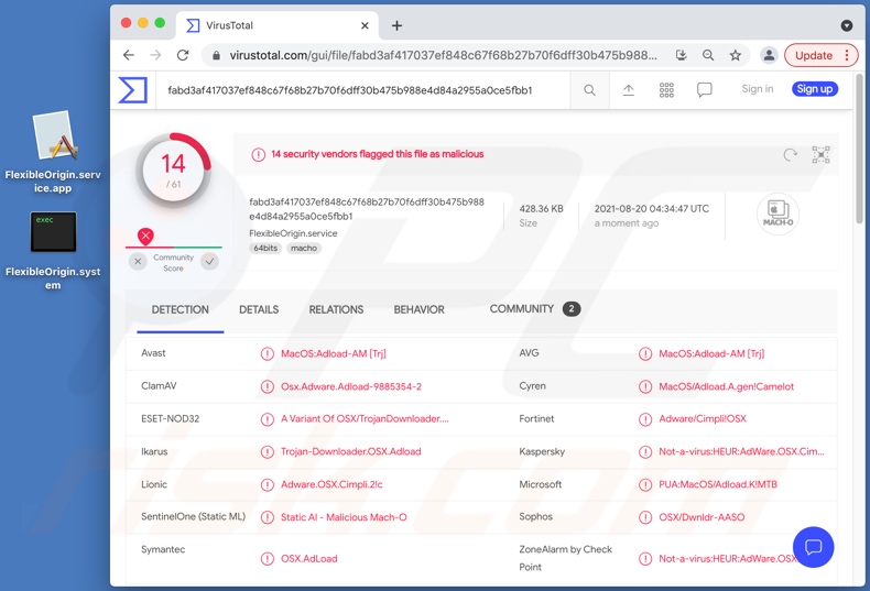 Rilevamenti di adware FlexibleOrigin su VirusTotal