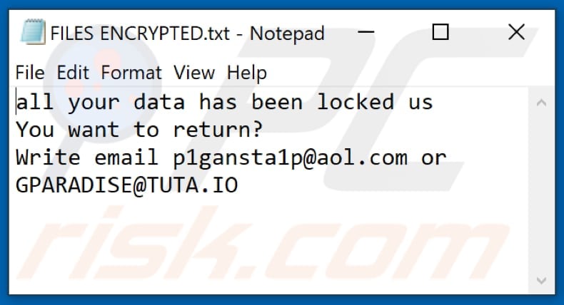 Screenshot del file di testo di GanP (FILES ENCRYPTED.txt)