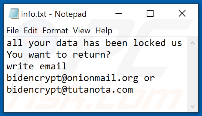 Screenshot del file di testo del ransomware JRB (info.txt)