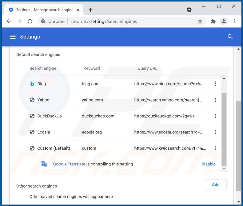 Rimozione di kwiqsearch.com dal motore di ricerca predefinito di Google Chrome