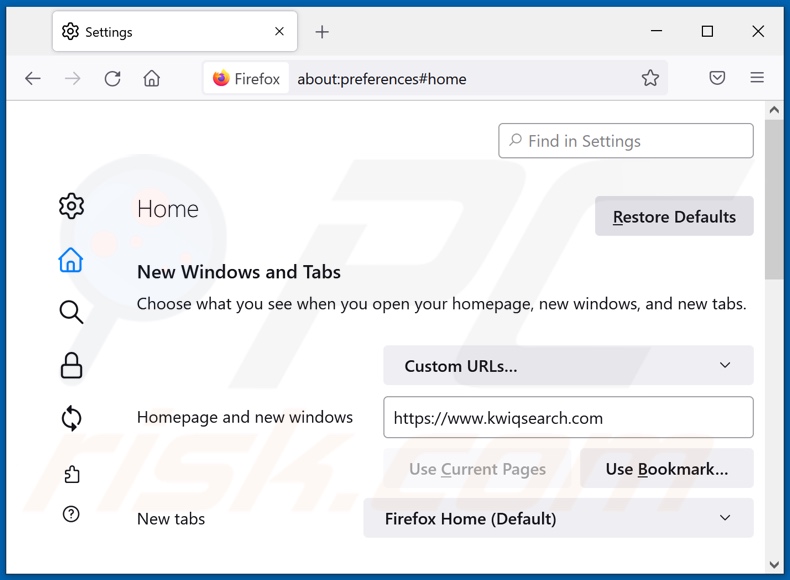 Rimozione di kwiqsearch.com dalla home page di Mozilla Firefox