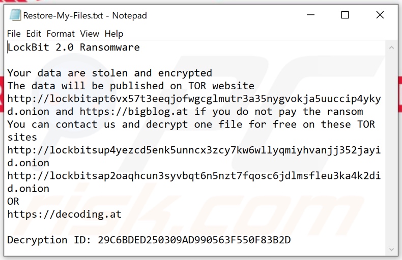 Screenshot del file di testo del ransomware LockBit 2.0 (