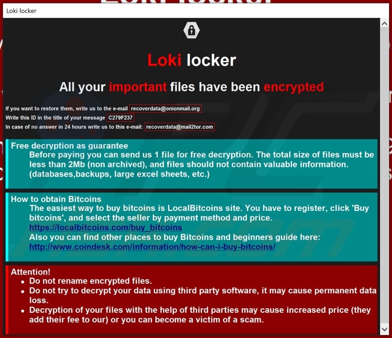 Screenshot della finestra pop-up di Loki Locker (