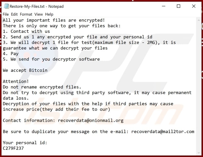 Screenshot del file di testo di Loki Locker (Restore-My-Files.txt)