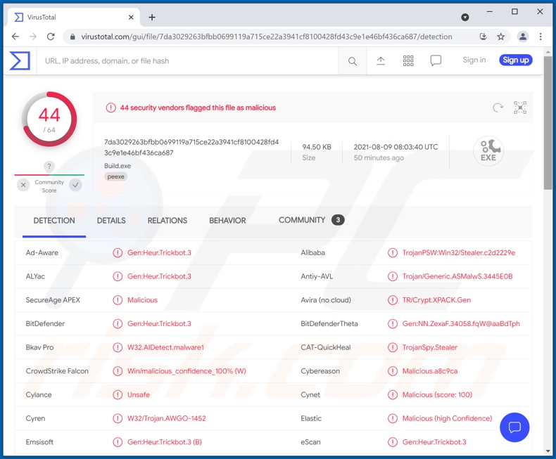 Rilevamenti di malware Mars su VirusTotal