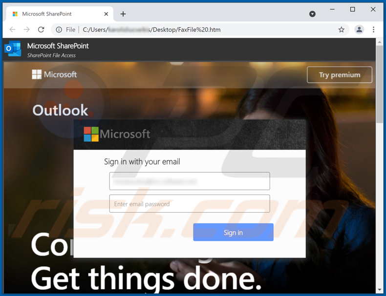 Screenshot del falso sito Web Microsoft progettato per rubare le credenziali di accesso