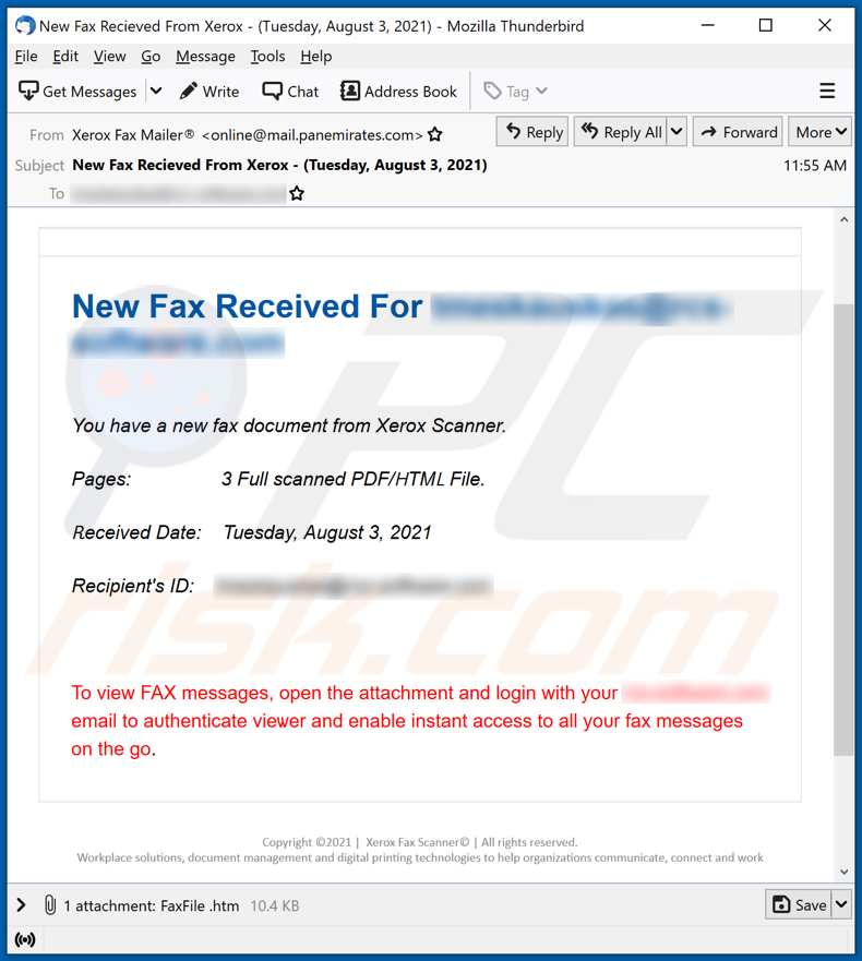 Nuova campagna di spam email di truffa New Fax Received 