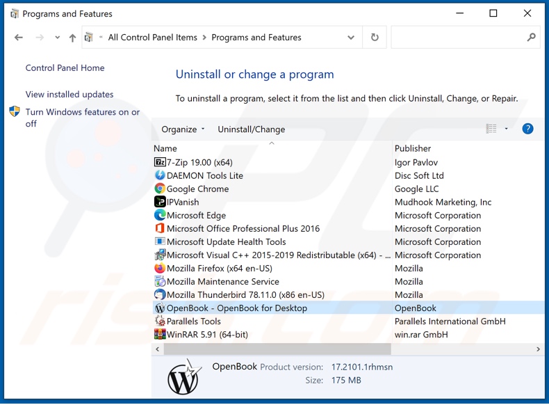 Disinstallazione dell'adware OpenBook tramite il pannello di controllo