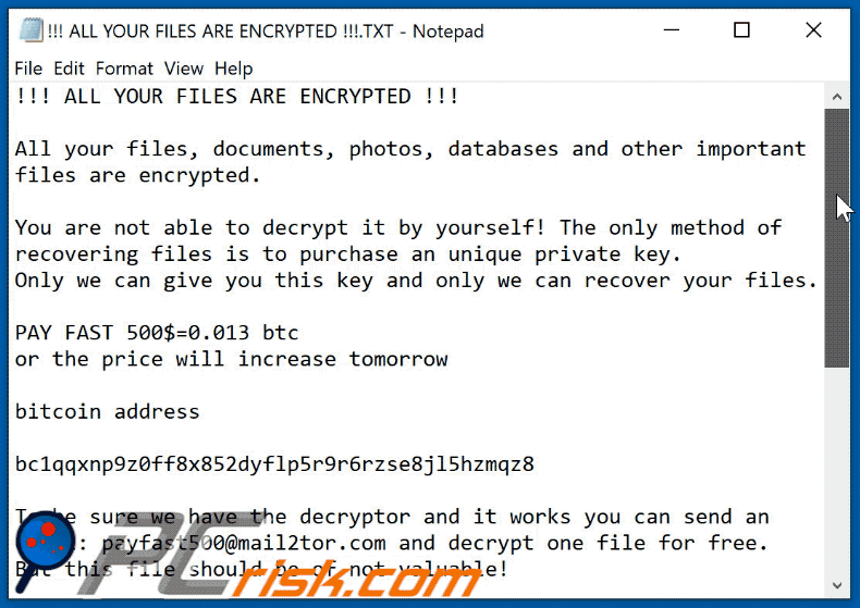 L'aspetto del file di testo del ransomware Payfast (!!! ALL YOUR FILES ARE ENCRYPTED !!!.TXT)