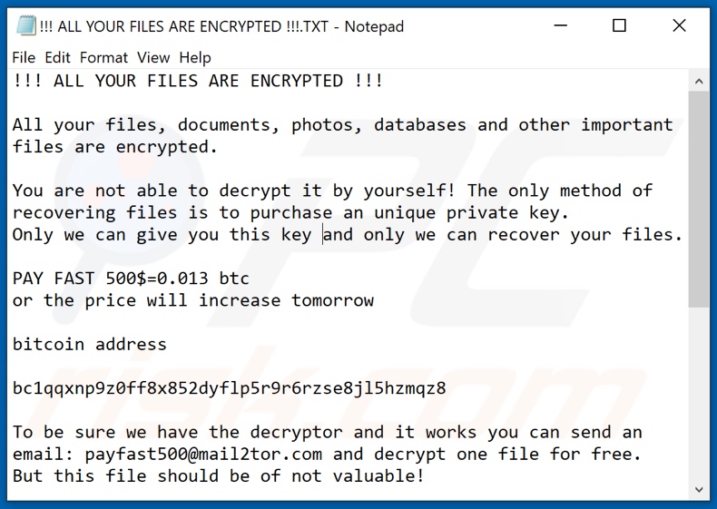 Istruzioni per la decifratura di Payfast (!!! ALL YOUR FILES ARE ENCRYPTED !!!.TXT)