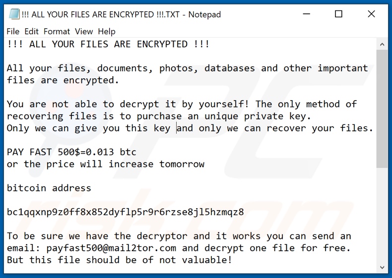 Istruzioni per la decifratura di Payfast (!!! ALL YOUR FILES ARE ENCRYPTED !!!.TXT)