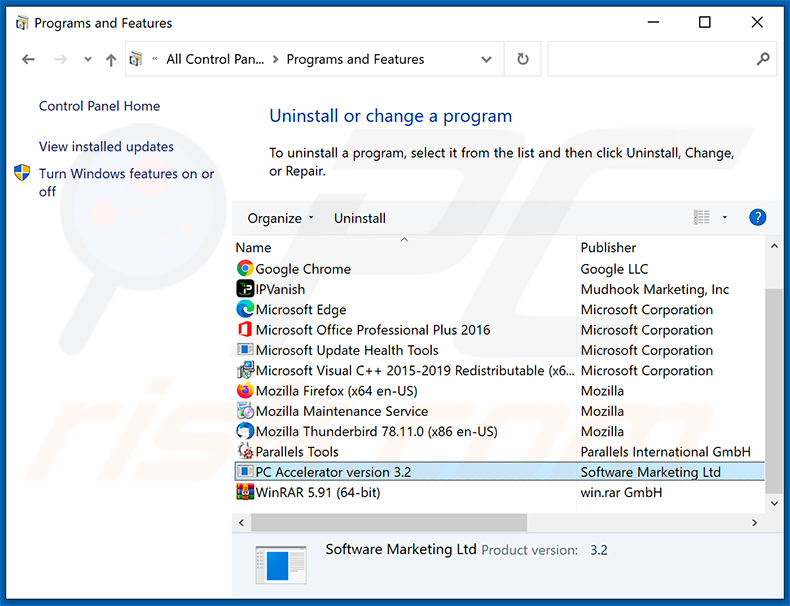Disinstallazione dell'adware di PC Accelerator tramite il Pannello di controllo