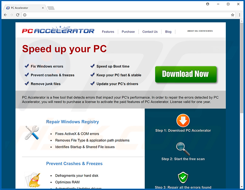 Sito web utilizzato per promuovere l'applicazione indesiderata di PC Accelerator