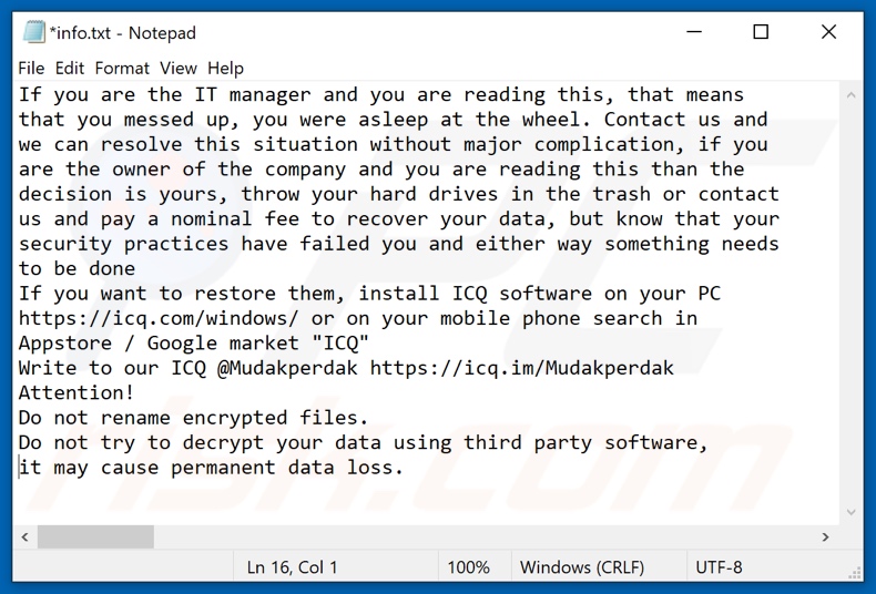 Screenshot del file di testo del ransomware PERDAK (