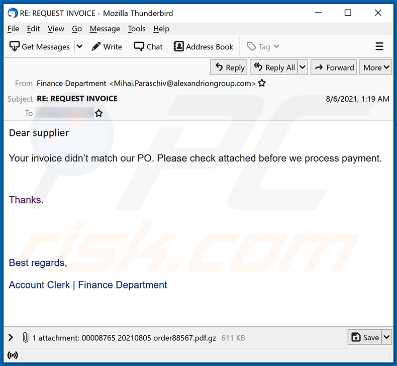 Email di spam a tema purchase order che promuove il malware FormBook